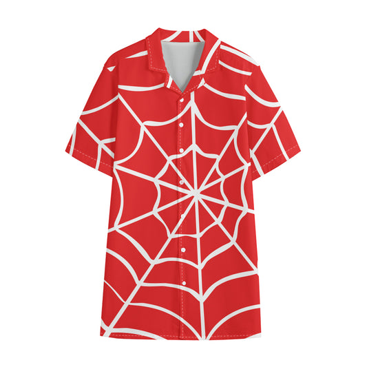 Red And White Spider Web Pattern Print Cotton Hawaiian Shirt
