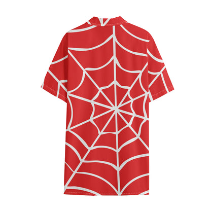 Red And White Spider Web Pattern Print Cotton Hawaiian Shirt