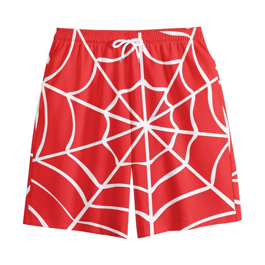 Red And White Spider Web Pattern Print Cotton Shorts