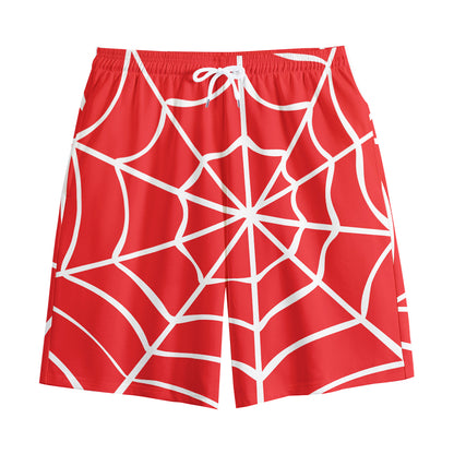 Red And White Spider Web Pattern Print Cotton Shorts