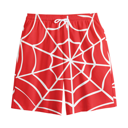 Red And White Spider Web Pattern Print Cotton Shorts