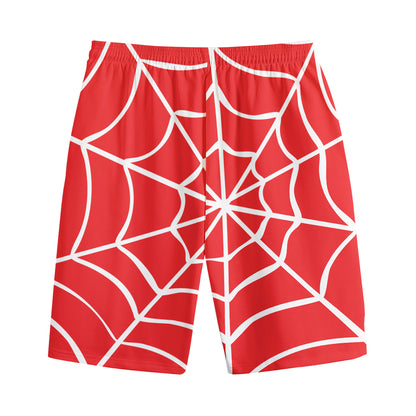 Red And White Spider Web Pattern Print Cotton Shorts