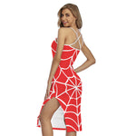 Red And White Spider Web Pattern Print Cross Back Cami Dress