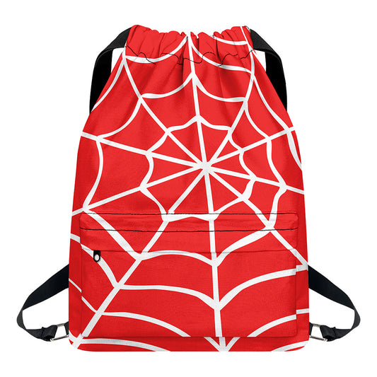 Red And White Spider Web Pattern Print Drawstring Backpack