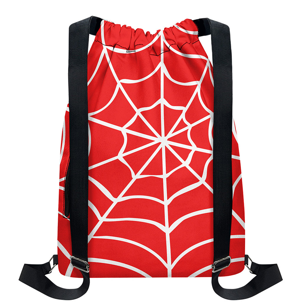 Red And White Spider Web Pattern Print Drawstring Backpack