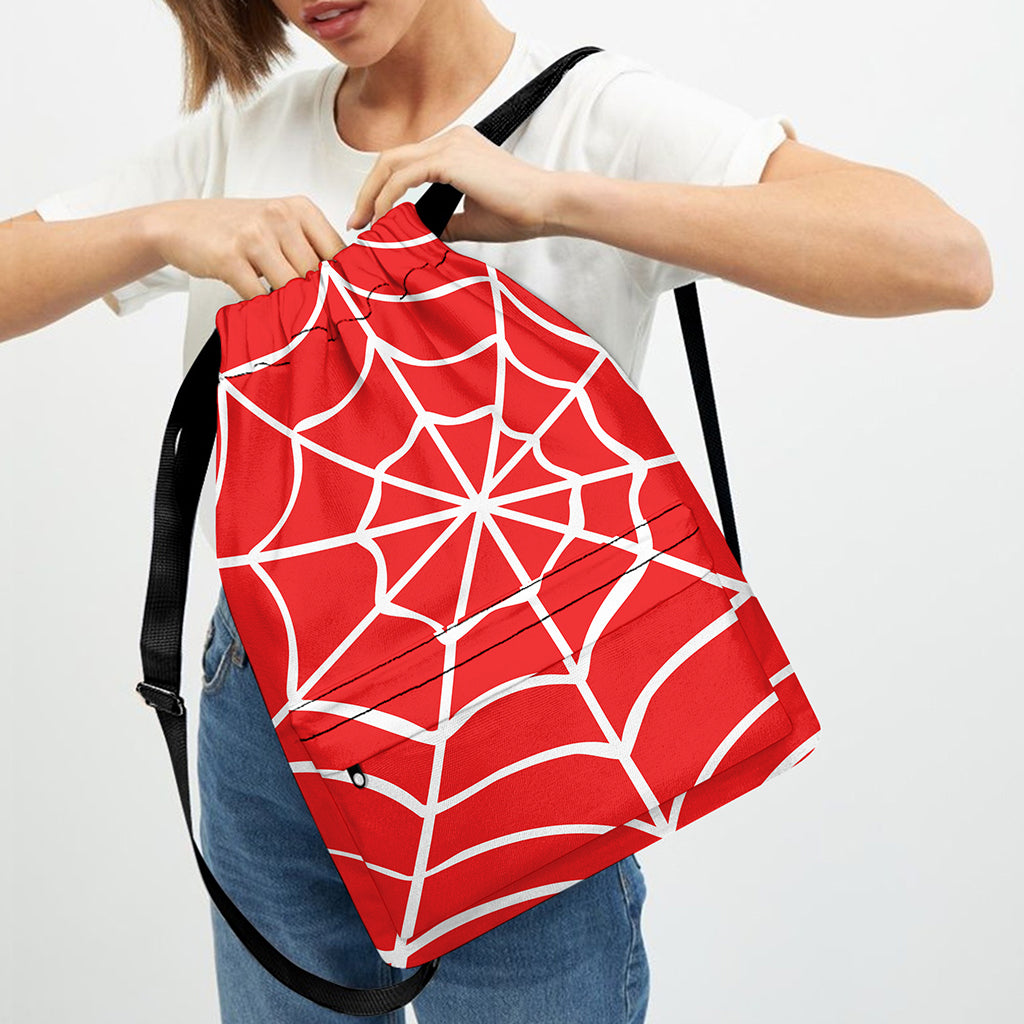 Red And White Spider Web Pattern Print Drawstring Backpack