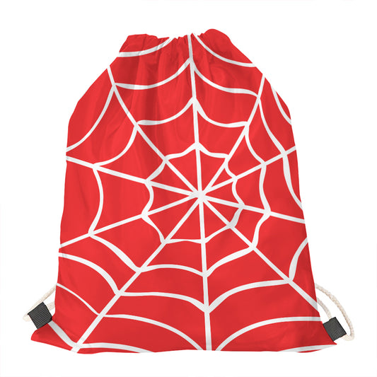 Red And White Spider Web Pattern Print Drawstring Bag
