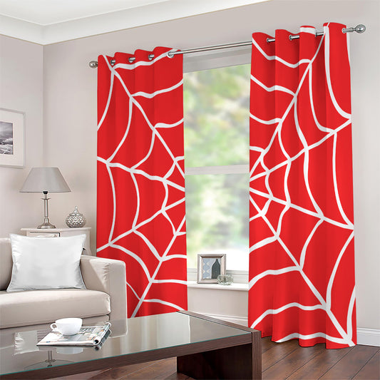 Red And White Spider Web Pattern Print Extra Wide Grommet Curtains