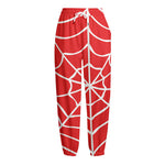 Red And White Spider Web Pattern Print Fleece Lined Knit Pants