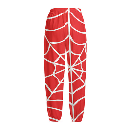 Red And White Spider Web Pattern Print Fleece Lined Knit Pants