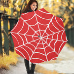 Red And White Spider Web Pattern Print Foldable Umbrella