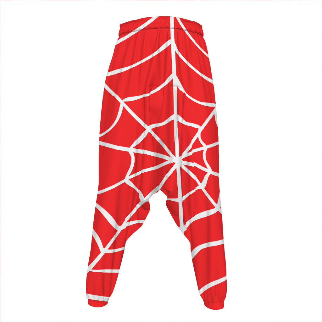 Red And White Spider Web Pattern Print Hammer Pants