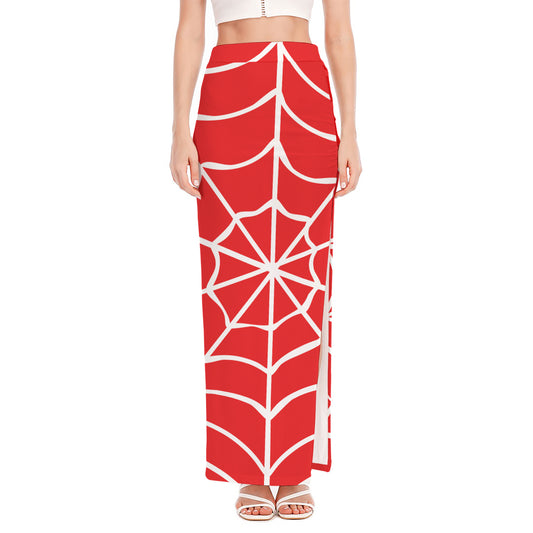Red And White Spider Web Pattern Print High Slit Maxi Skirt