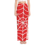 Red And White Spider Web Pattern Print High Slit Maxi Skirt