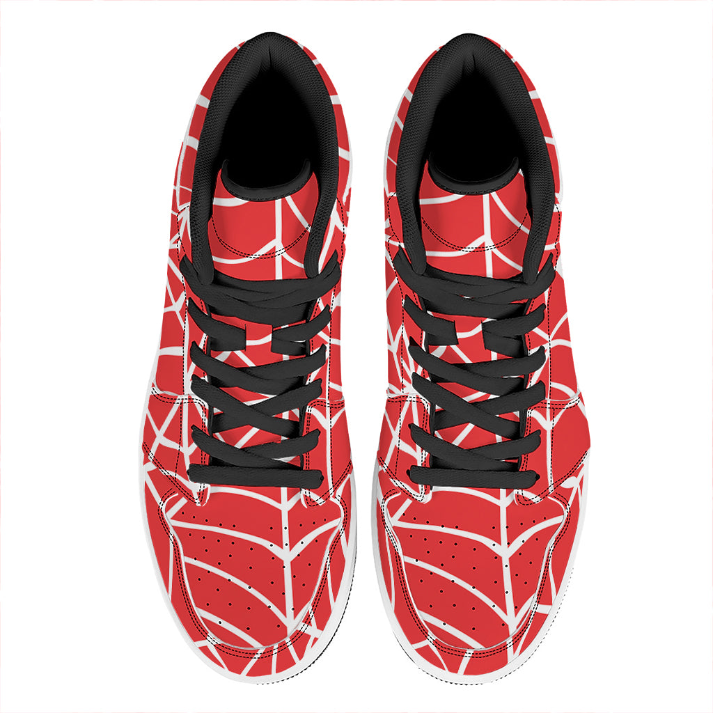 Red And White Spider Web Pattern Print High Top Leather Sneakers