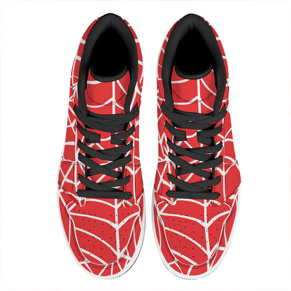 Red And White Spider Web Pattern Print High Top Leather Sneakers