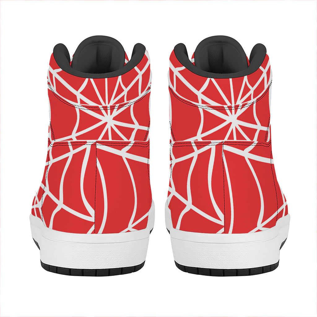 Red And White Spider Web Pattern Print High Top Leather Sneakers