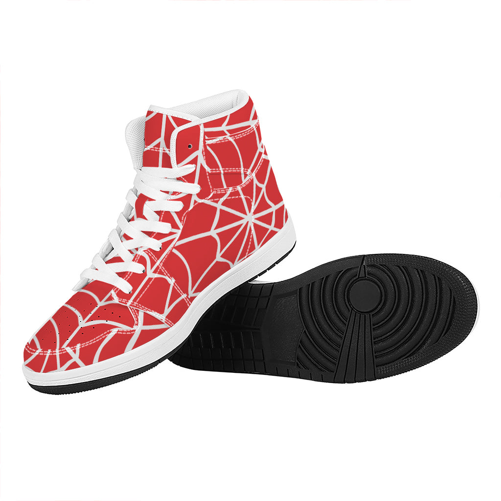 Red And White Spider Web Pattern Print High Top Leather Sneakers