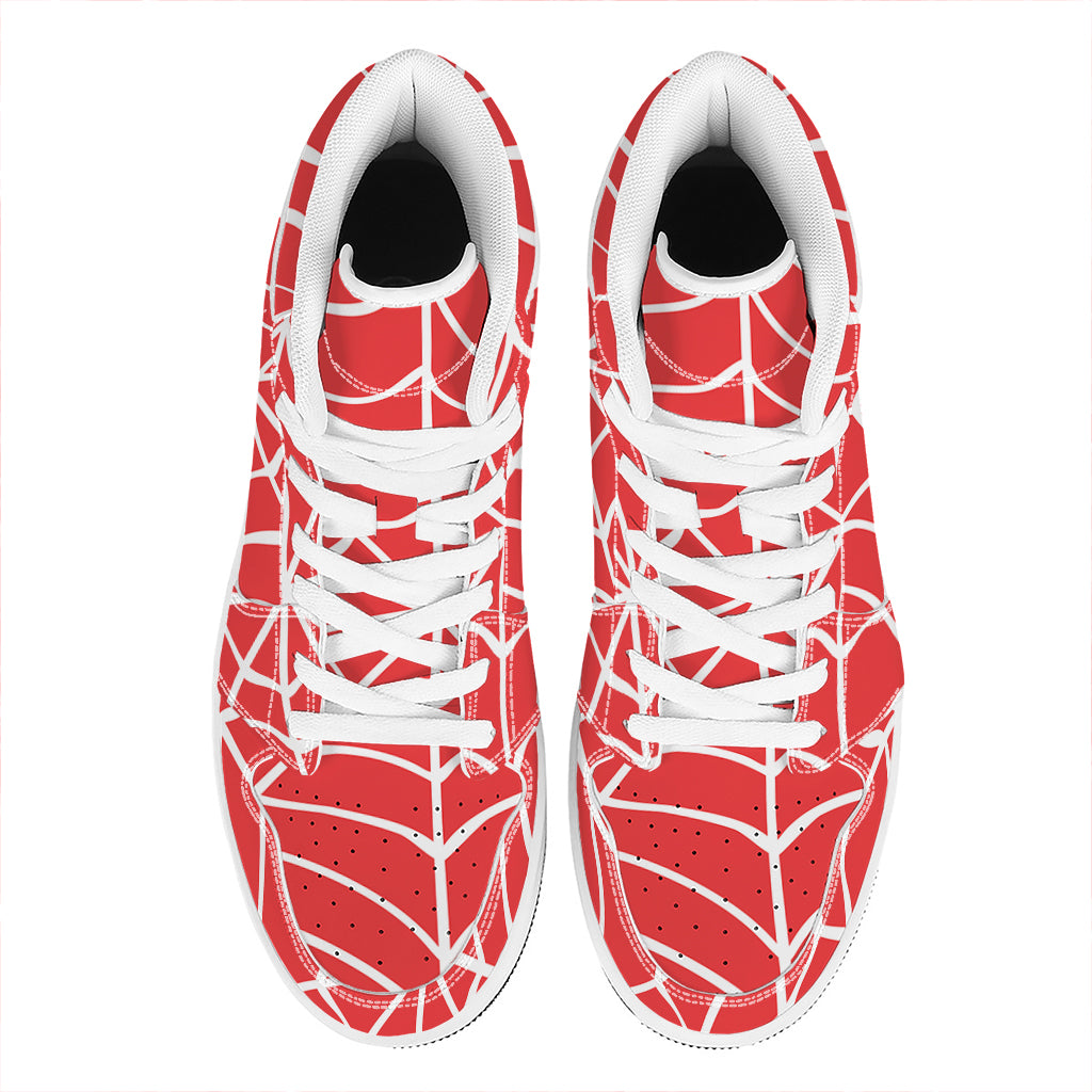 Red And White Spider Web Pattern Print High Top Leather Sneakers