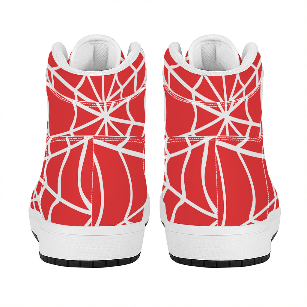 Red And White Spider Web Pattern Print High Top Leather Sneakers