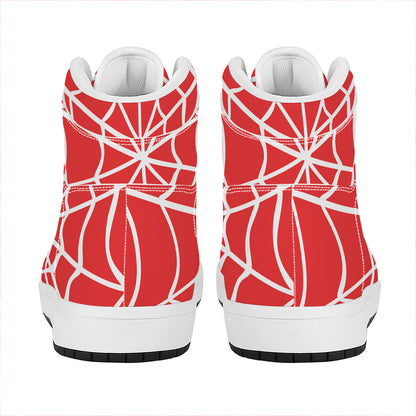 Red And White Spider Web Pattern Print High Top Leather Sneakers