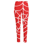 Red And White Spider Web Pattern Print High-Waisted Pocket Leggings