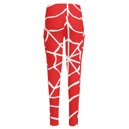 Red And White Spider Web Pattern Print High-Waisted Pocket Leggings