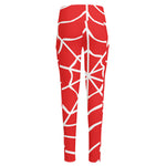 Red And White Spider Web Pattern Print High-Waisted Pocket Leggings