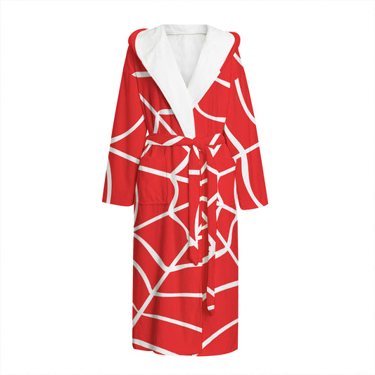 Red And White Spider Web Pattern Print Hooded Bathrobe