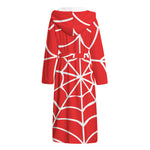 Red And White Spider Web Pattern Print Hooded Bathrobe