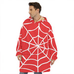 Red And White Spider Web Pattern Print Hoodie Blanket