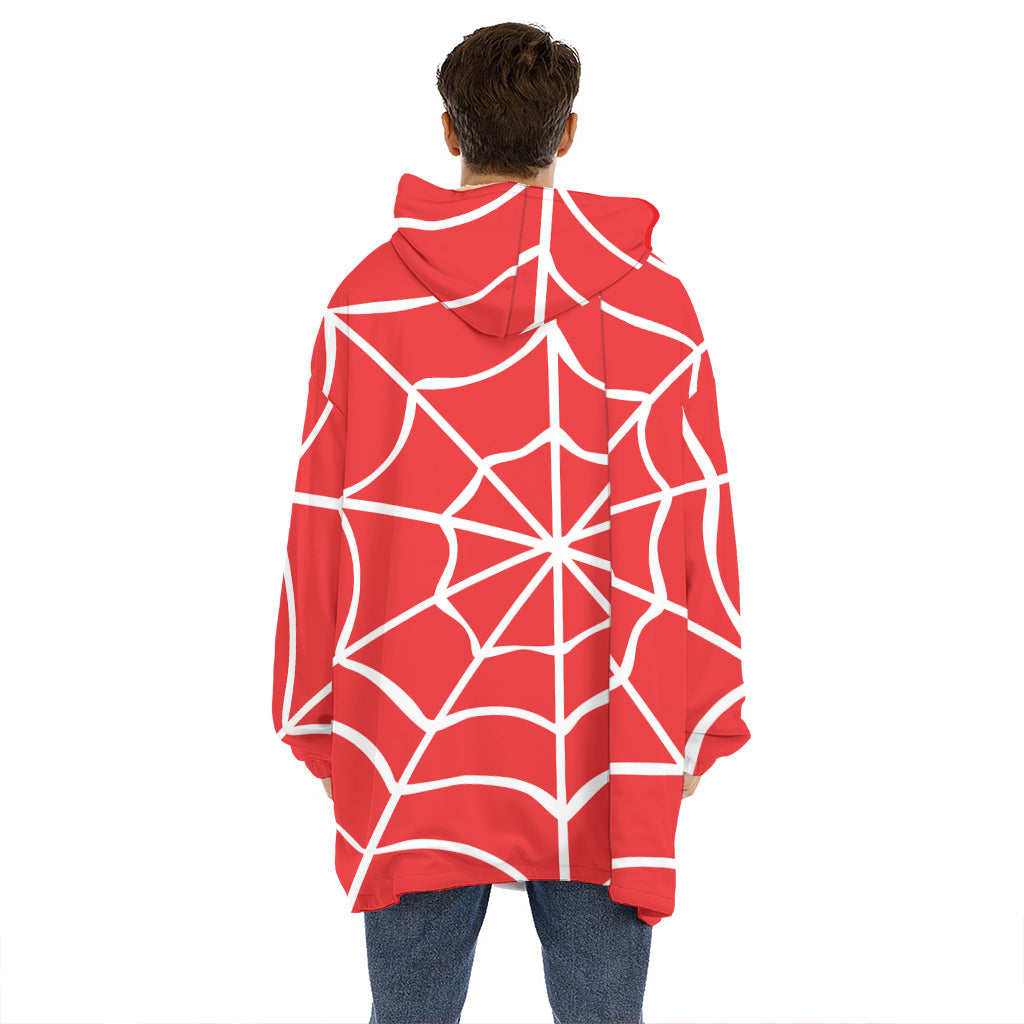 Red And White Spider Web Pattern Print Hoodie Blanket
