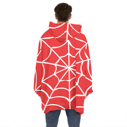 Red And White Spider Web Pattern Print Hoodie Blanket