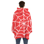 Red And White Spider Web Pattern Print Hoodie Blanket
