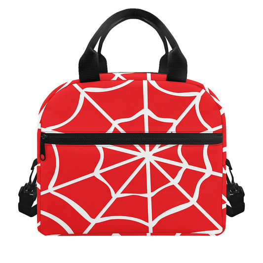 Red And White Spider Web Pattern Print Insulated Lunch Bag