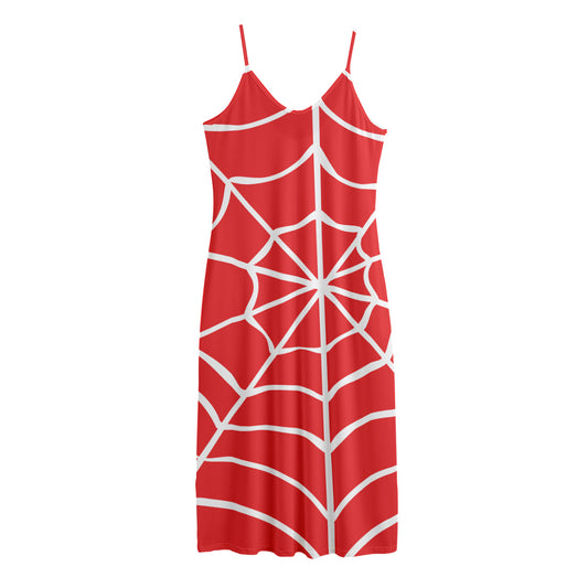 Red And White Spider Web Pattern Print Jersey Midi Cami Dress