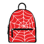 Red And White Spider Web Pattern Print Leather Backpack