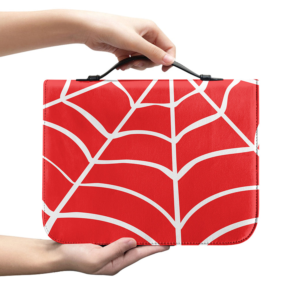 Red And White Spider Web Pattern Print Leather Bible Cover