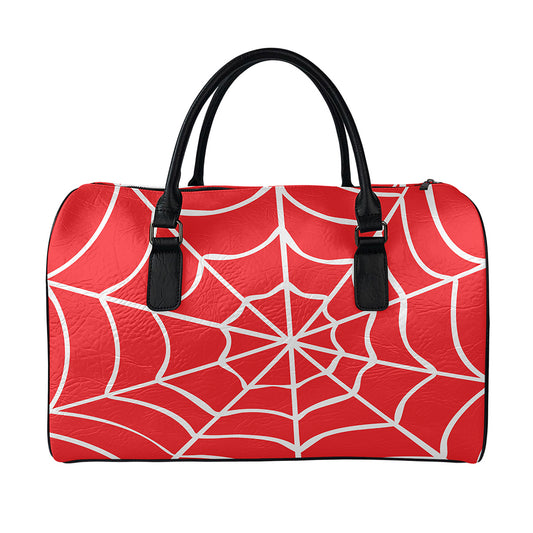 Red And White Spider Web Pattern Print Leather Duffle Bag