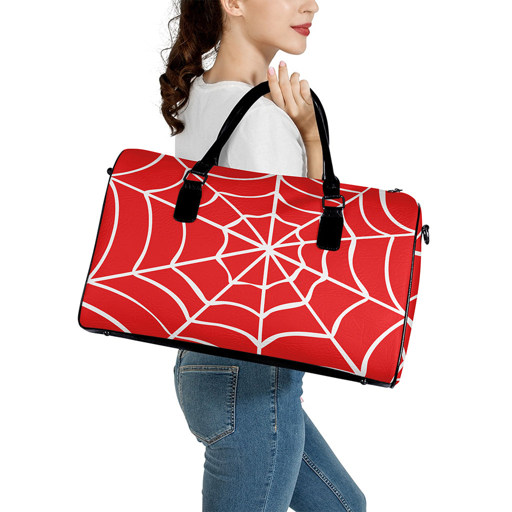 Red And White Spider Web Pattern Print Leather Duffle Bag