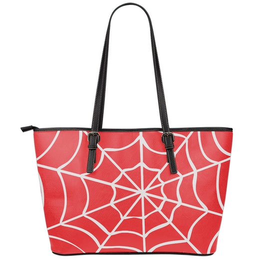 Red And White Spider Web Pattern Print Leather Tote Bag