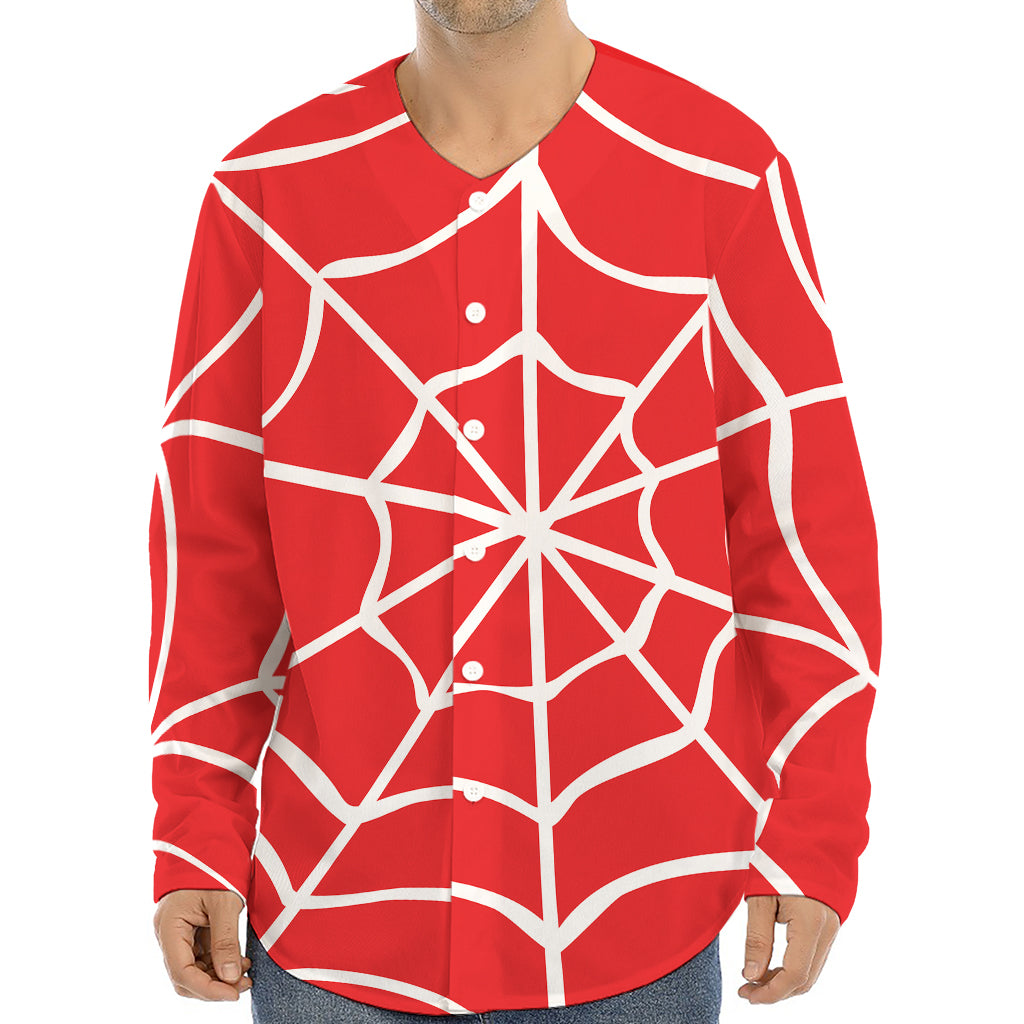 Red And White Spider Web Pattern Print Long Sleeve Baseball Jersey