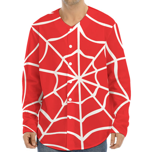 Red And White Spider Web Pattern Print Long Sleeve Baseball Jersey