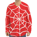 Red And White Spider Web Pattern Print Long Sleeve Baseball Jersey