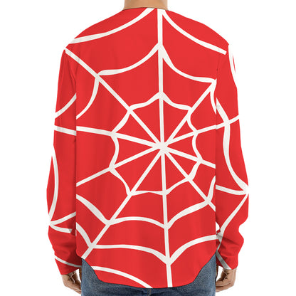 Red And White Spider Web Pattern Print Long Sleeve Baseball Jersey