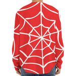 Red And White Spider Web Pattern Print Long Sleeve Baseball Jersey