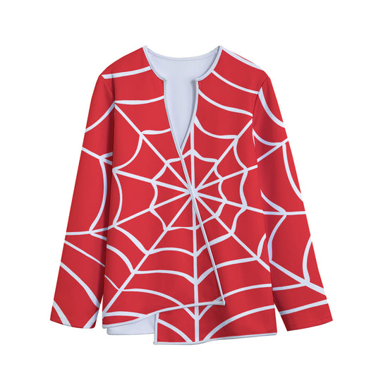 Red And White Spider Web Pattern Print Long Sleeve Short Coat