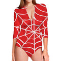 Red And White Spider Web Pattern Print Long Sleeve Swimsuit