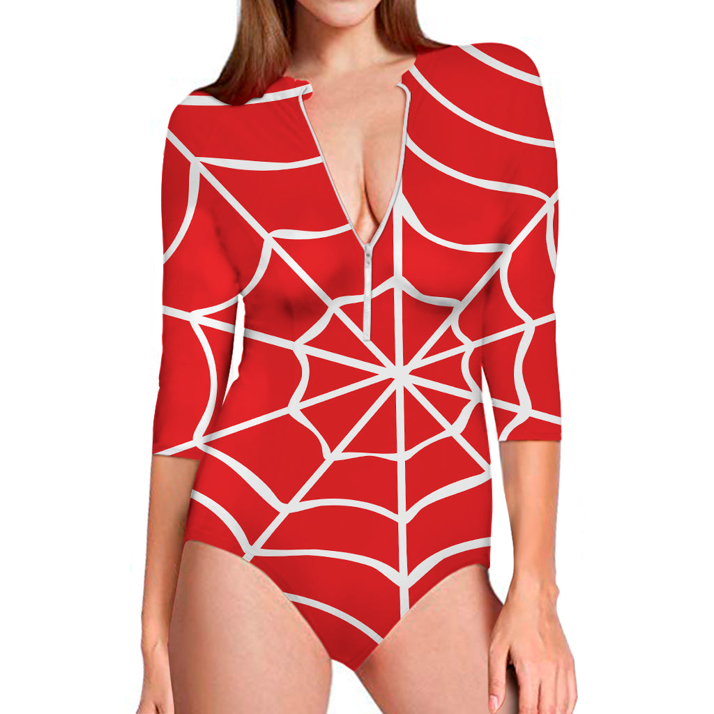 Red And White Spider Web Pattern Print Long Sleeve Swimsuit