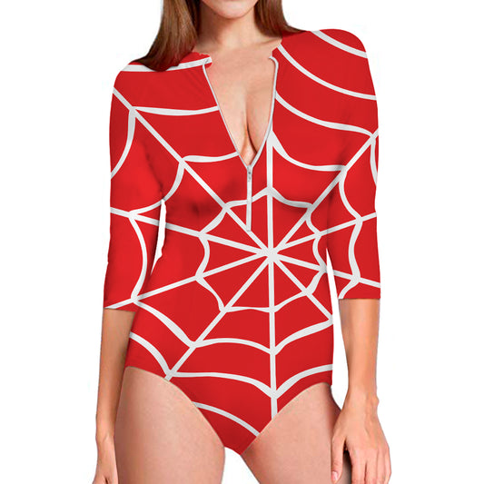 Red And White Spider Web Pattern Print Long Sleeve Swimsuit